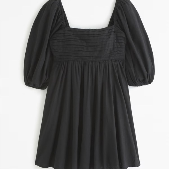 NWT Abercrombie & Fitch Black Square Neck Puff Sleeve Ruched Mini Sundress - Picture 3 of 5